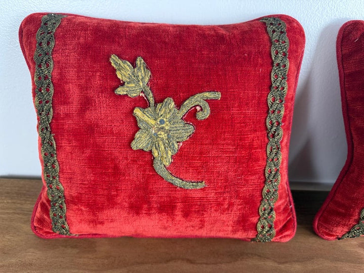 Pair of Petite Red Velvet Pillows with 19th-Century Metallic Appliqués