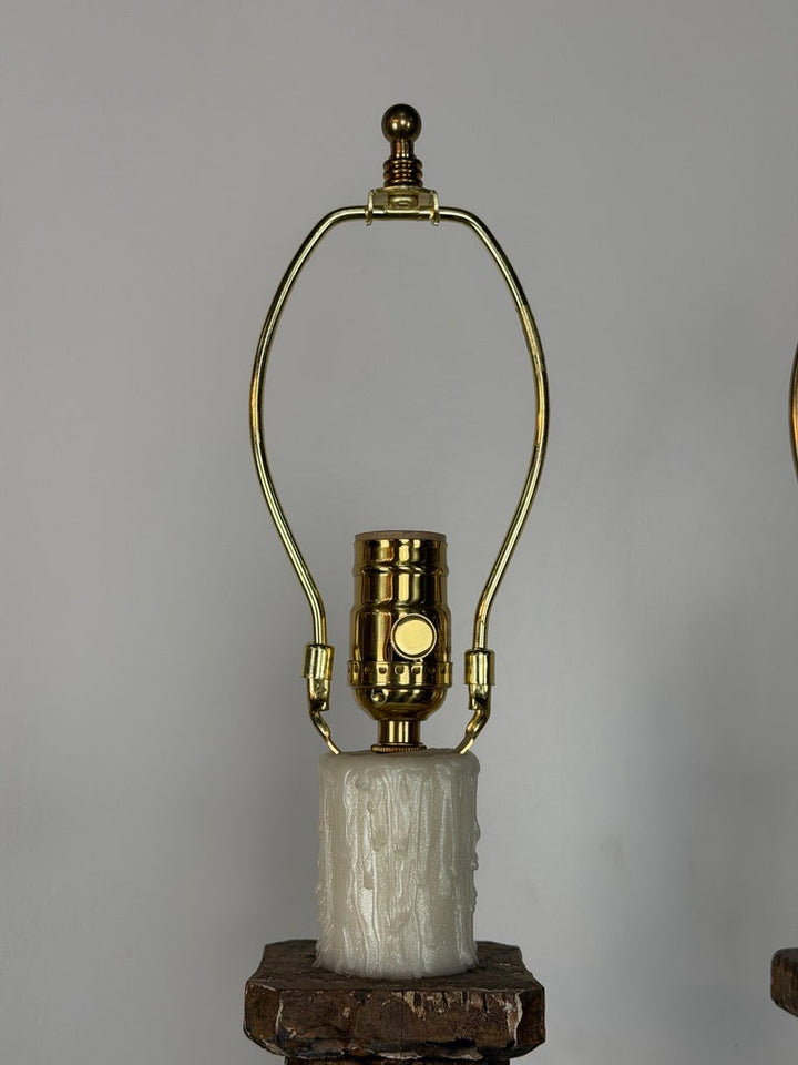 Pair of Italian Neoclassical Corinthian Column Table Lamps Distressed Giltwood