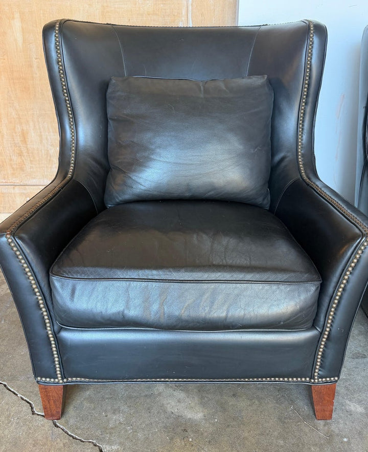 Pair of Thomasville Black Leather Wingback Lounge Chairs