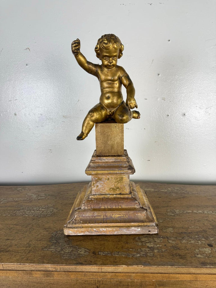 19th Century Italian Giltwood Cherub on Carved Plinth Base