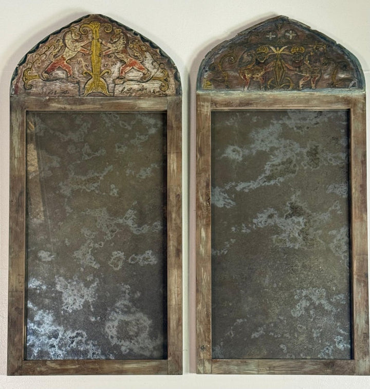 Pair of 19th Century Painted Folk Art Arched Mirrors with Heraldic Lion Crests