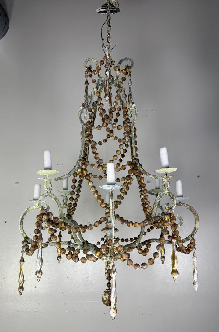 French Provençal Painted Iron Chandelier with Wooden Bead Garlands