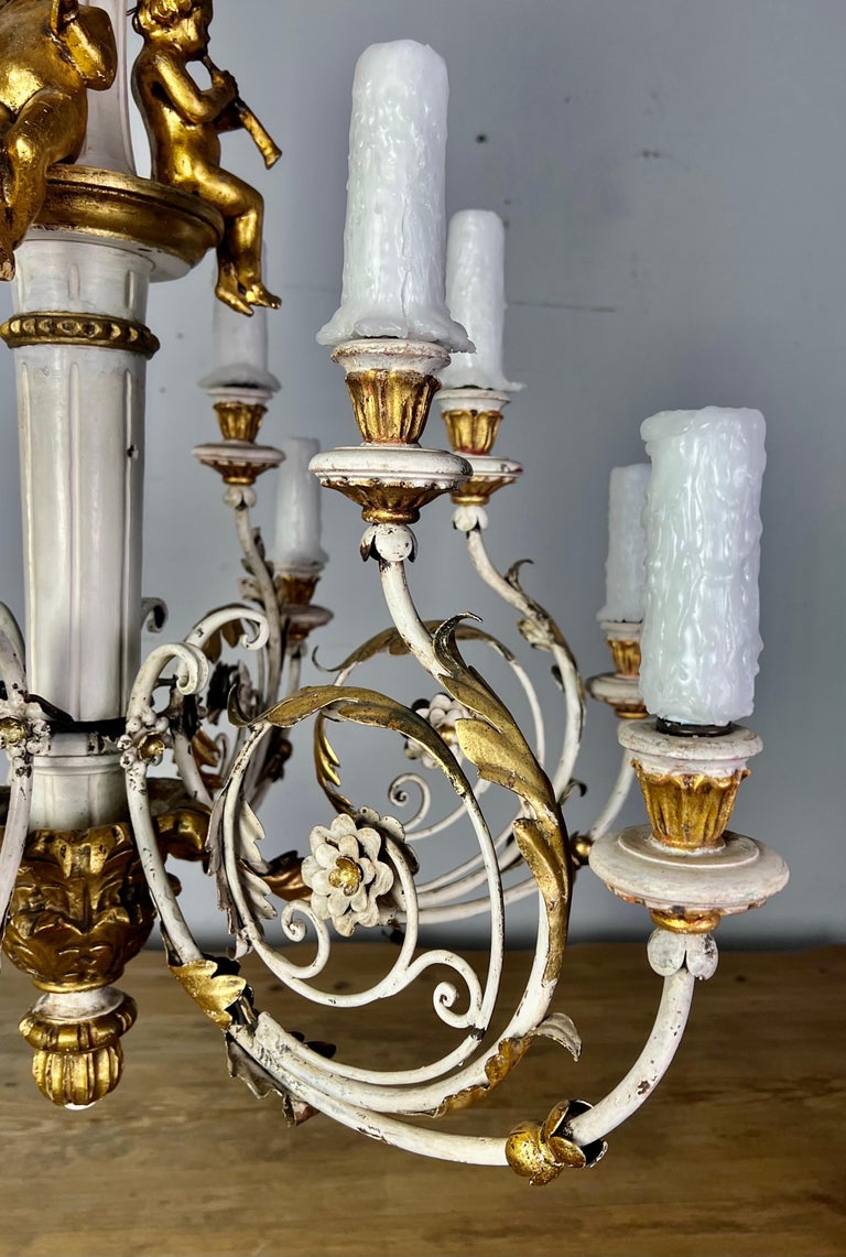 Italian Painted & Parcel Gilt Cherub Chandelier, circa 1930s