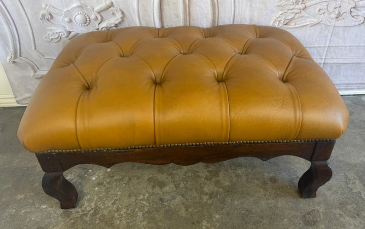 French Chesterfield Tufted Bench in Caramel Leather