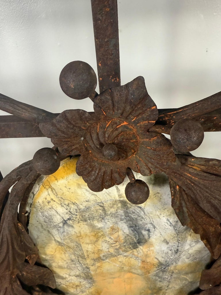 Monumental Hand-Wrought Iron Console with Stone Medallion and Classical Garlands
