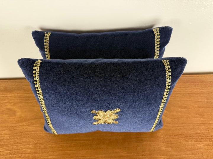 Pair of Custom Navy Velvet Pillows with 19th-Century Gold Metallic Appliqués