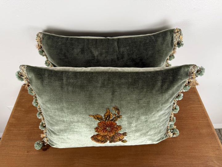 Pair of Custom Velvet Pillows with 19th-Century French Gold-Thread Appliqués