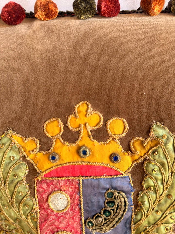Pair of Velvet Pillows with 19th Century Metallic & Silk Embroidered Crests