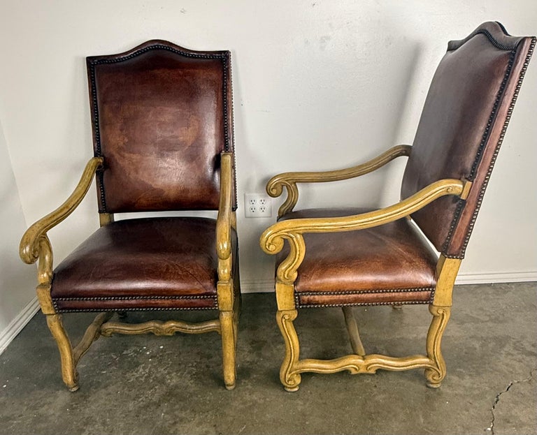 Pair of Mid-20th Century Italian Carved Armchairs with Leather Upholstery