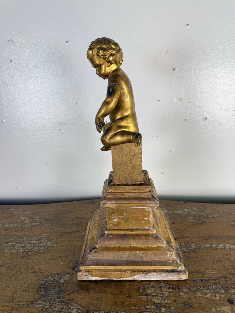 19th Century Italian Giltwood Cherub on Carved Plinth Base
