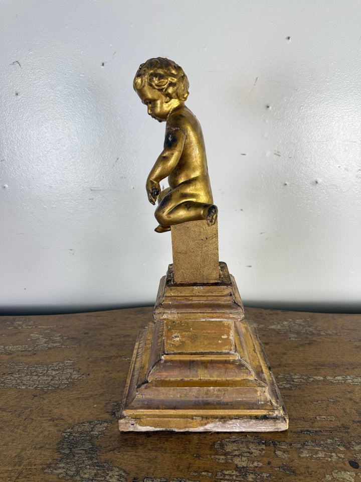 19th Century Italian Giltwood Cherub on Carved Plinth Base