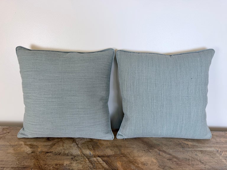 Fortuny Cotton Damask Throw Pillows, Venetian Floral Motif, Aqua & Silver Pair