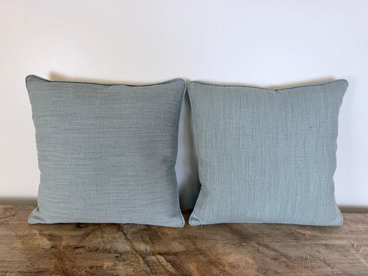 Fortuny Cotton Damask Throw Pillows, Venetian Floral Motif, Aqua & Silver Pair