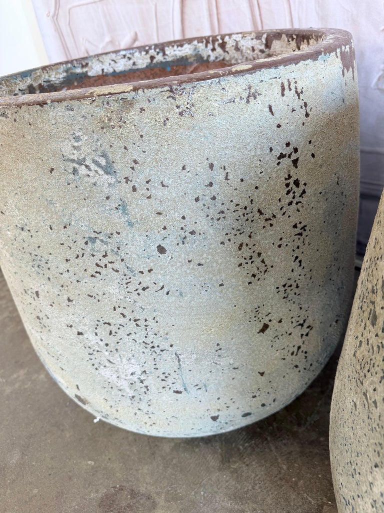 Pair of Large 20th Century Pitted Limestone-Finish Terra Cotta Planters
