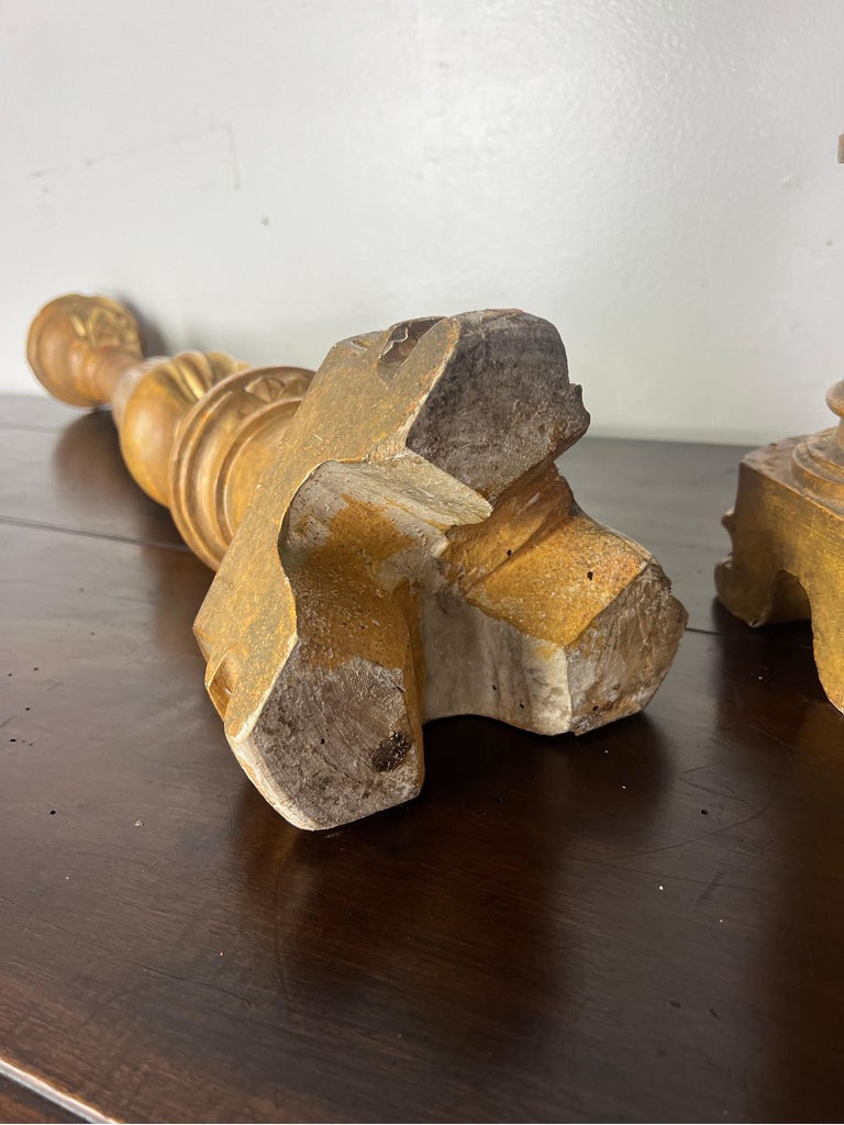 Pair of 19th-Century Italian Gilt Wood Candlesticks w/ Prickets