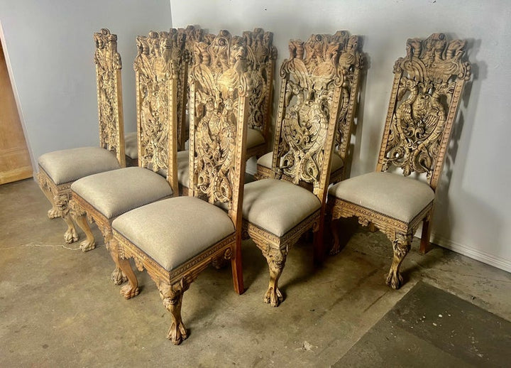 Set of Ten Gothic Style  Carved English Dining Chairs