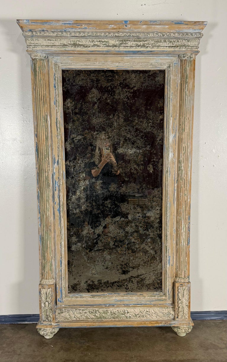 Large 19th Century French Neoclassical Trumeau Mirror with Aged Painted Finish
