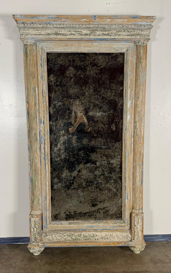 Large 19th Century French Neoclassical Trumeau Mirror with Aged Painted Finish
