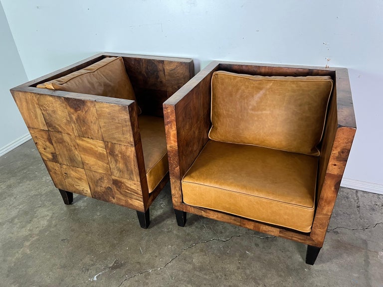 Pair of Modern Burl Walnut Armchairs w/ Leather Cushions