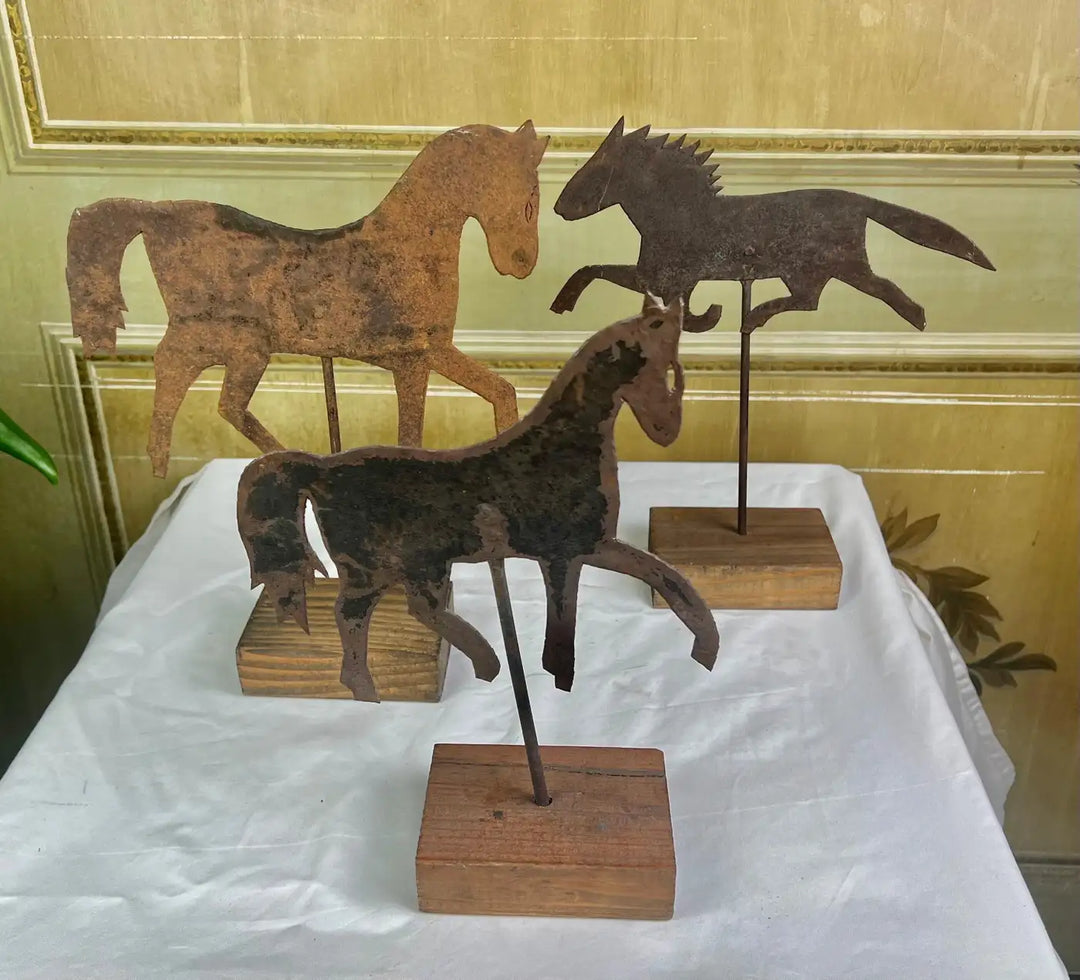 Trio of Metal Horses on Wood Bases