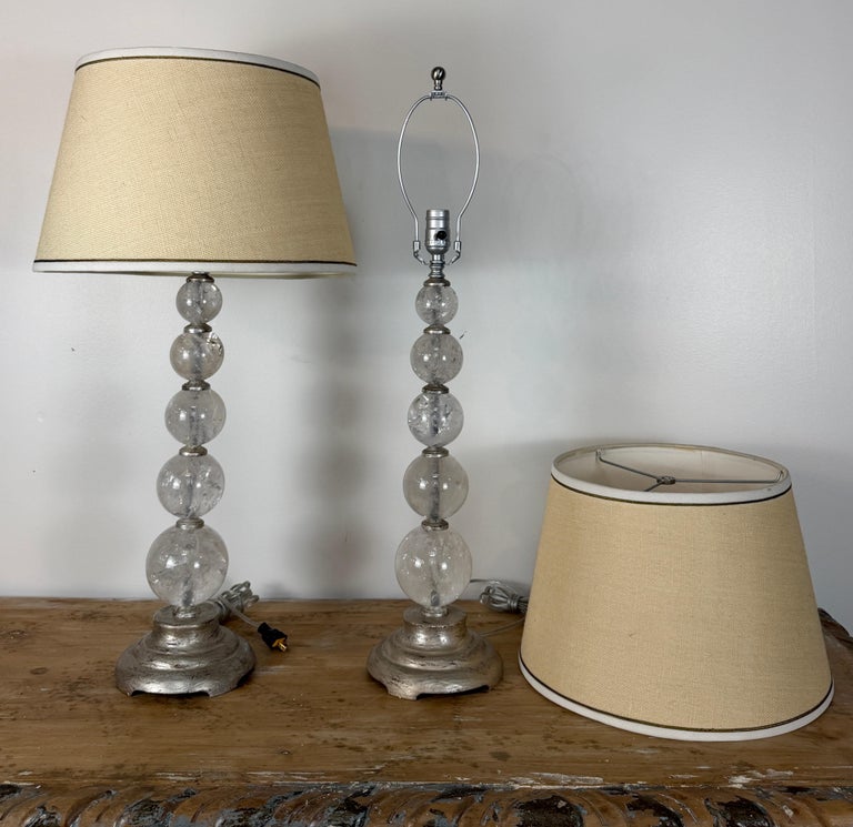 Pair of Hollywood Regency Rock Crystal Stacked Orb Table Lamps - Silver Leaf