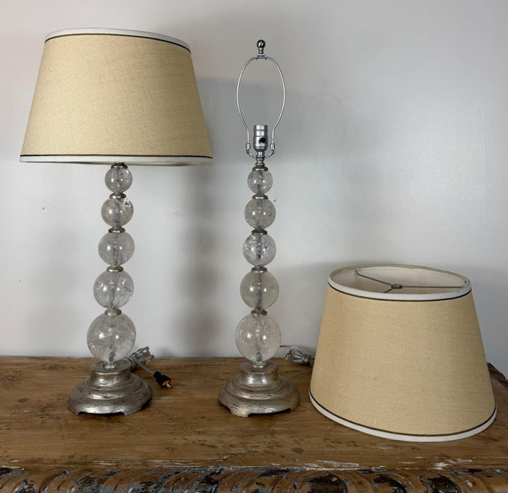 Pair of Hollywood Regency Rock Crystal Stacked Orb Table Lamps - Silver Leaf
