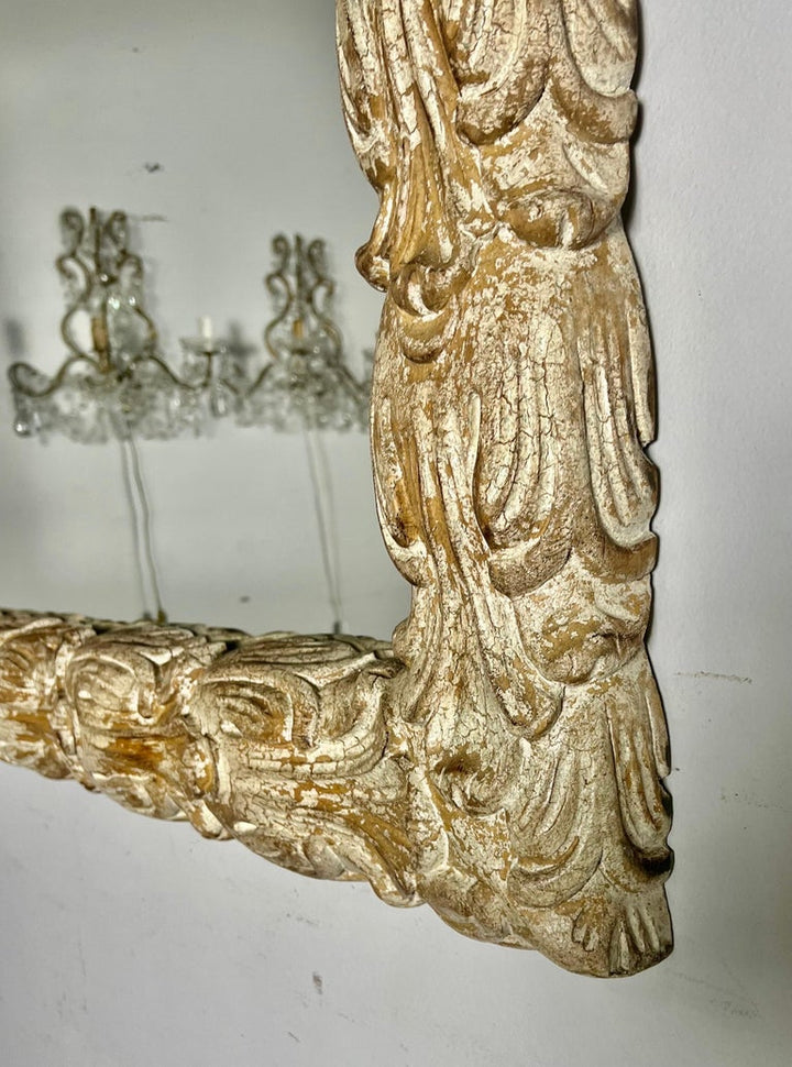 French Carved Wood Mirror with Custom Crackle Finish