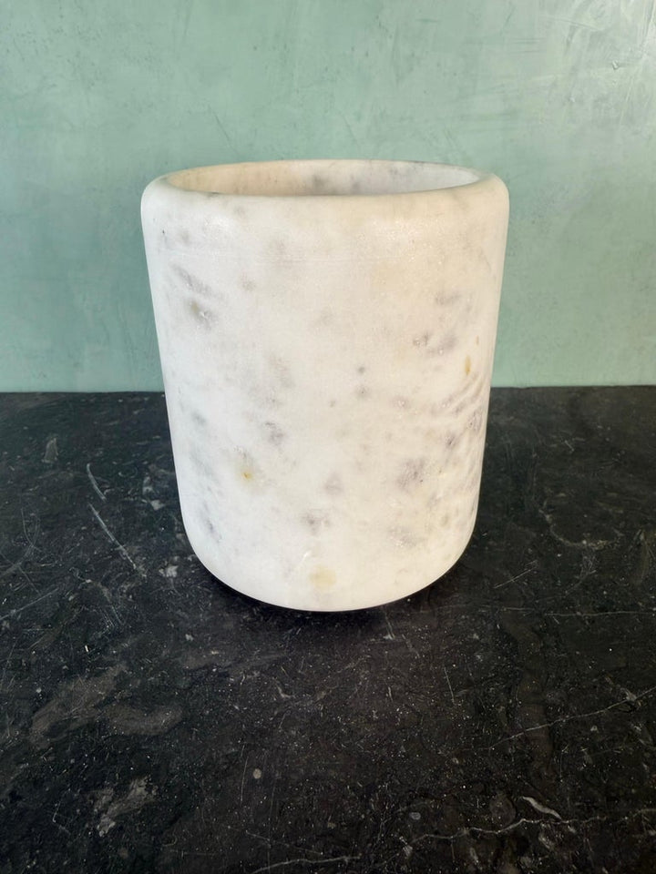Hand-Carved Alabaster Cylinder Vessel / Urn with Soft Veining