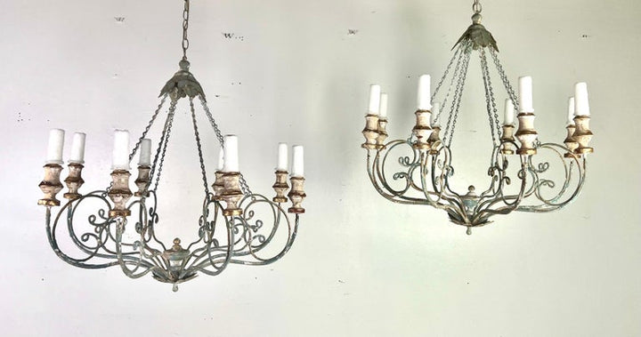 Custom Eight Light Wood & Iron Painted Chandelier by Melissa Levinson