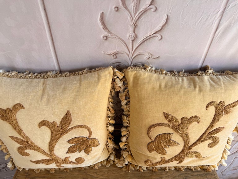 Pair of Golden Chenille Pillows w/ 19th Century Metallic Embroidered Appliqués