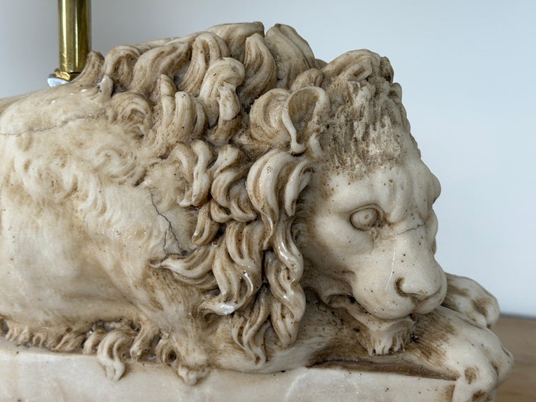 Pair of Neoclassical Recumbent Lion Table Lamps - After Canova