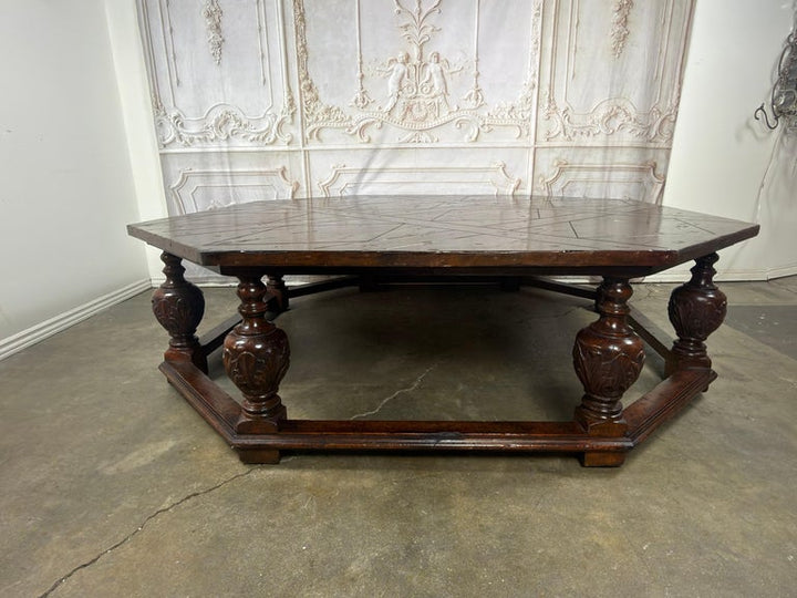 Monumental Octagonal Baroque Coffee Table with Parquetry Top