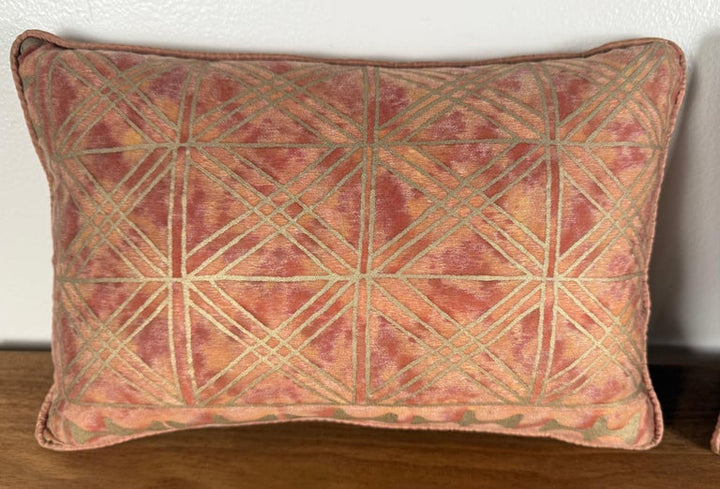 Pair of Authentic Fortuny Pillows in Coral and Gold Geometric Pattern