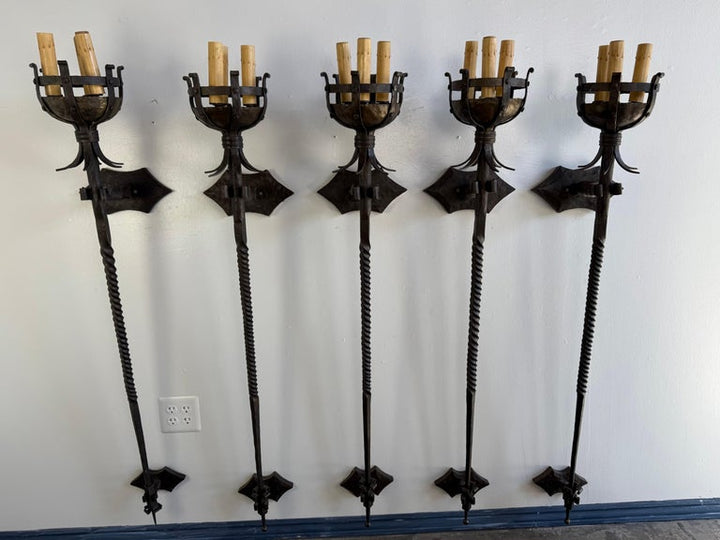 Set of Five Spanish Wrought Iron Sconces