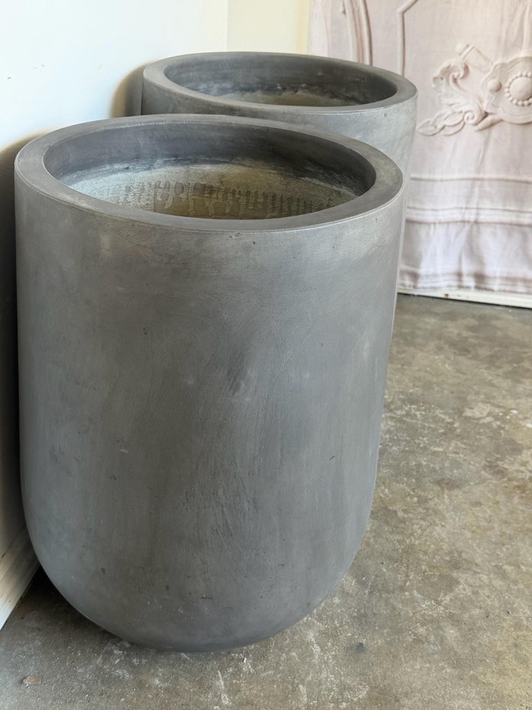 Pair of Monumental Cylinder Planters - Brutalist Bullet Form - Dark Slate