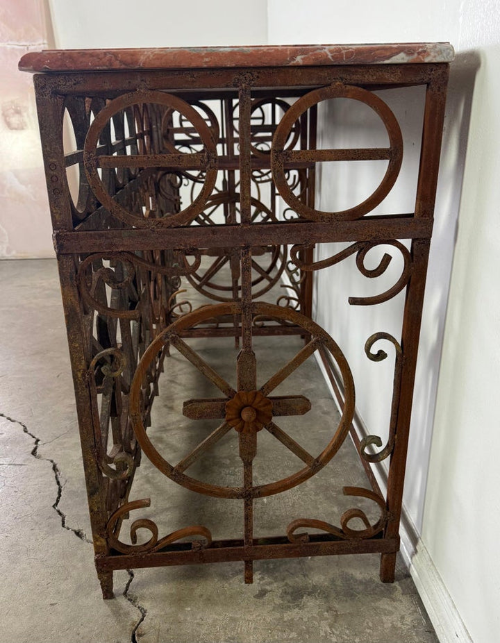 Pair of Italian Wrought Iron Consoles with Rosso Verona Marble Tops