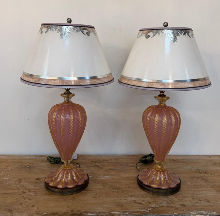 Pair of Murano Pink and Gold Glass Table Lamps w/ Coordinating Parchment Shades