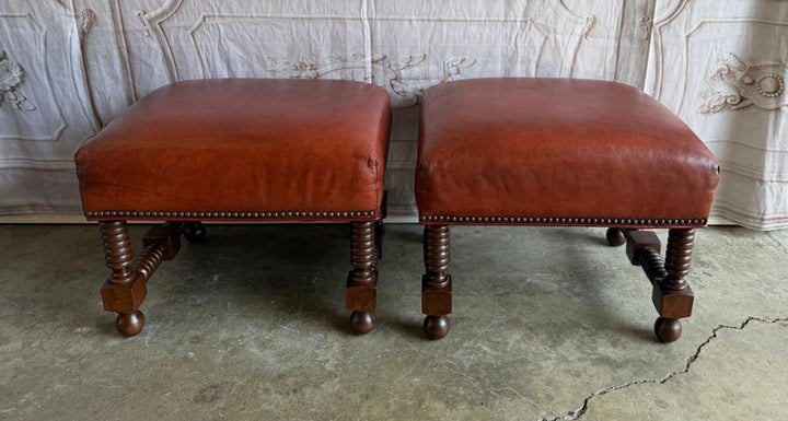 Spanish Colonial Revival Leather Benches with Antique Brass Trim, 1960