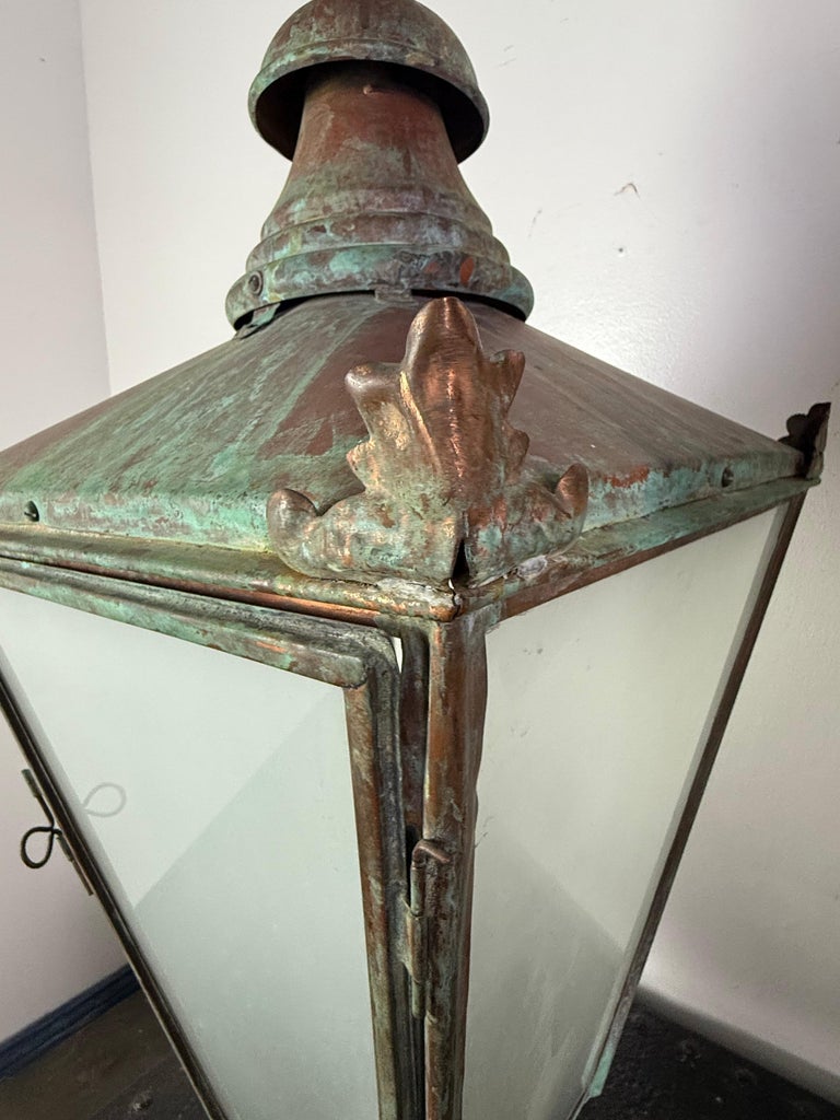 Pair of Monumental Antique Copper Street Lanterns with Verdigris Patina