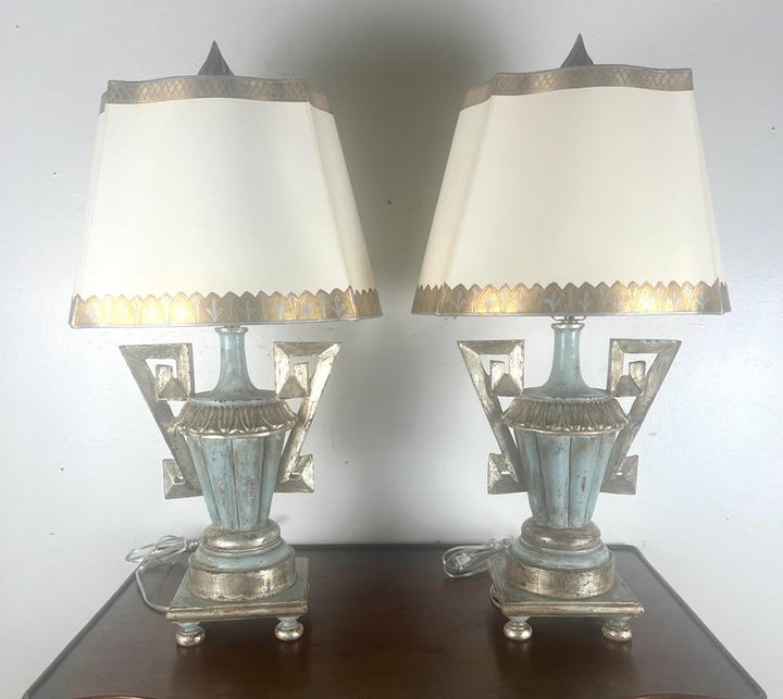 Pair of Greek Key Painted Lamps w/ Parchment Shades