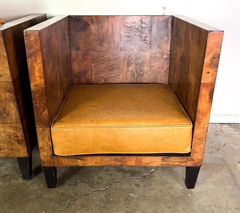 Pair of Modern Burl Walnut Armchairs w/ Leather Cushions