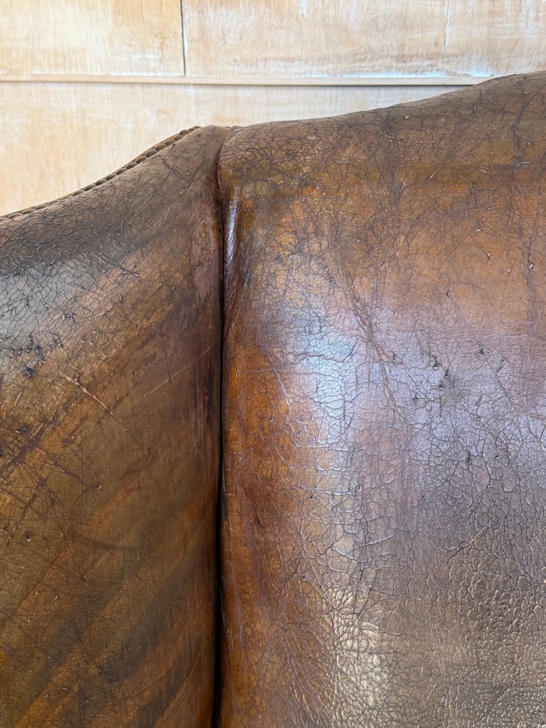 Pair of English Georgian Style Wingback Armchairs - Distressed Brown leather