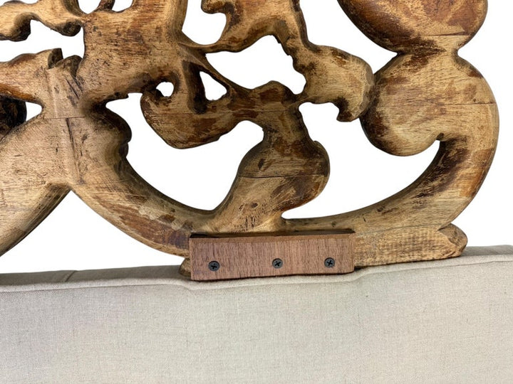 Ornate Carved Wood and Upholstered Headboard
