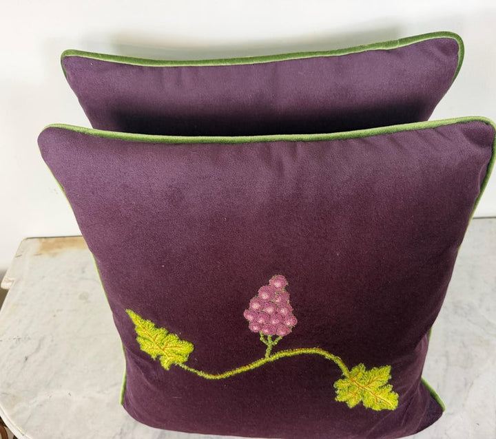 Pair of Aubergine Velvet Pillows - Antique Hand-Embroidered Grape Vine Applique