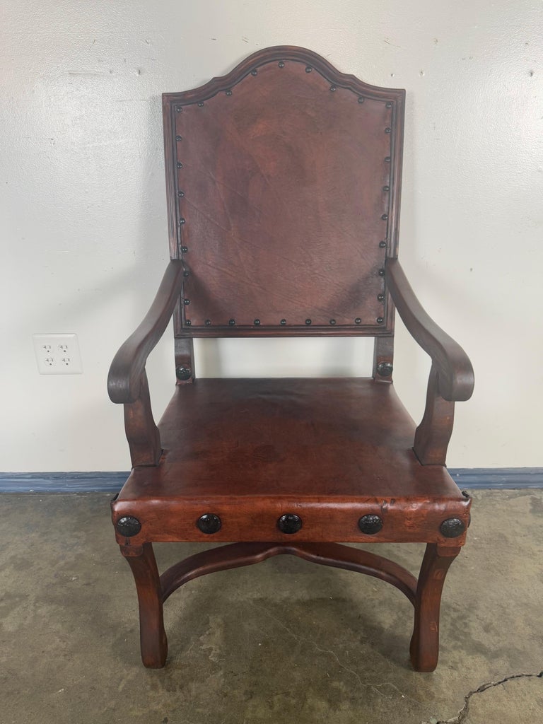 Set of Eight Spanish Walnut & Leather Dining Chairs