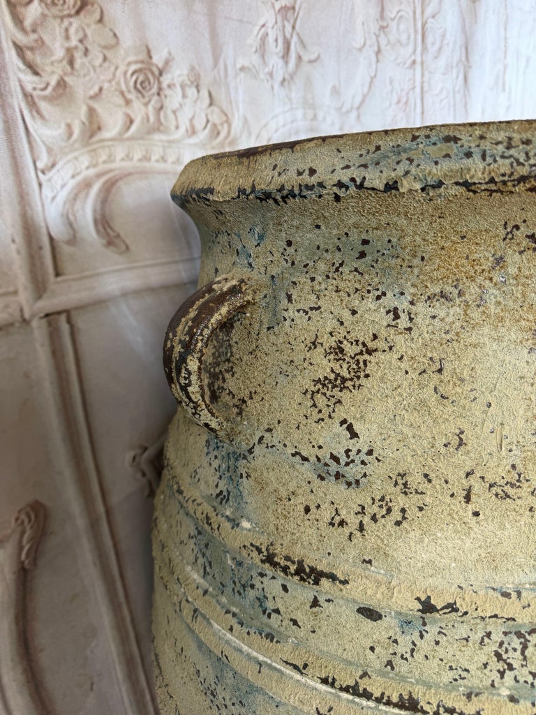 Pair of Large Distressed Mediterranean Style Terracotta Olive Jars with Handles