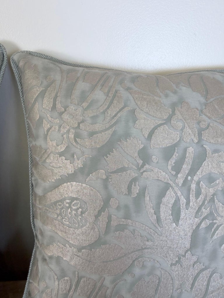Fortuny Cotton Damask Throw Pillows, Venetian Floral Motif, Aqua & Silver Pair