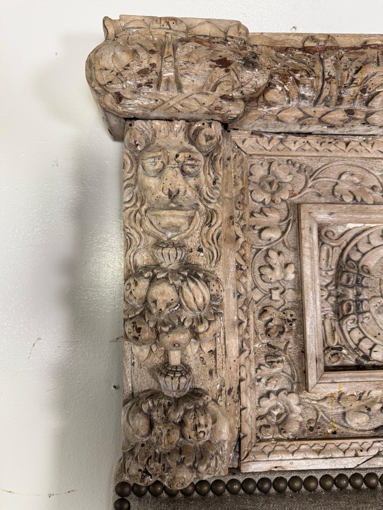 Italian Carved Linen Headboard w/ Antique Panel