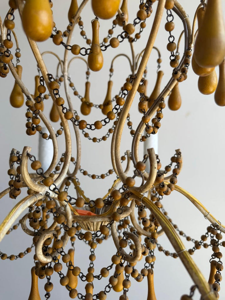 Pair of Italian Gilt Iron and Wood Beaded Chandeliers, Mid-20th Century