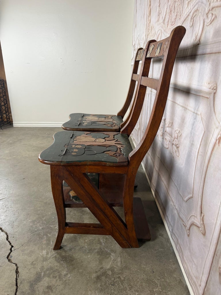 Pair of Hand-Painted Convertible Library Step Ladder Chairs with Dog Motif